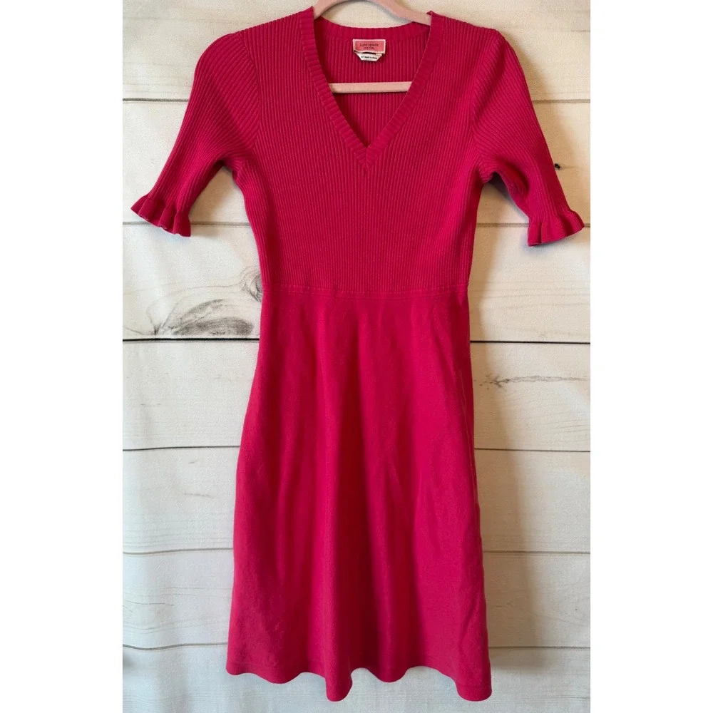 Kate Spade Pink Ribbed V-Neck Fit and Flare Ruffle Sleeve Sweater Dress XS
